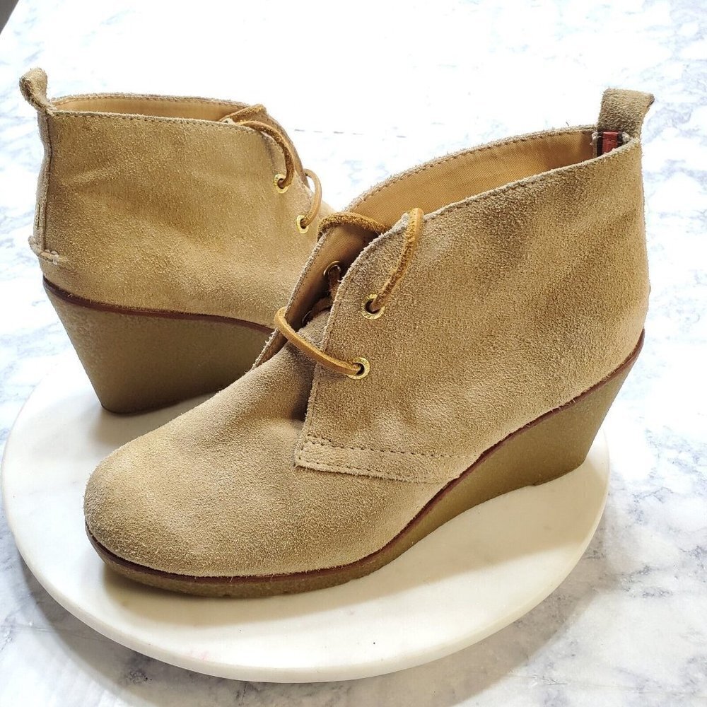 Sperry Womens 7.5 Harlow Wedge Booties Top Sider Tan Suede Lace Up Ankle Boots